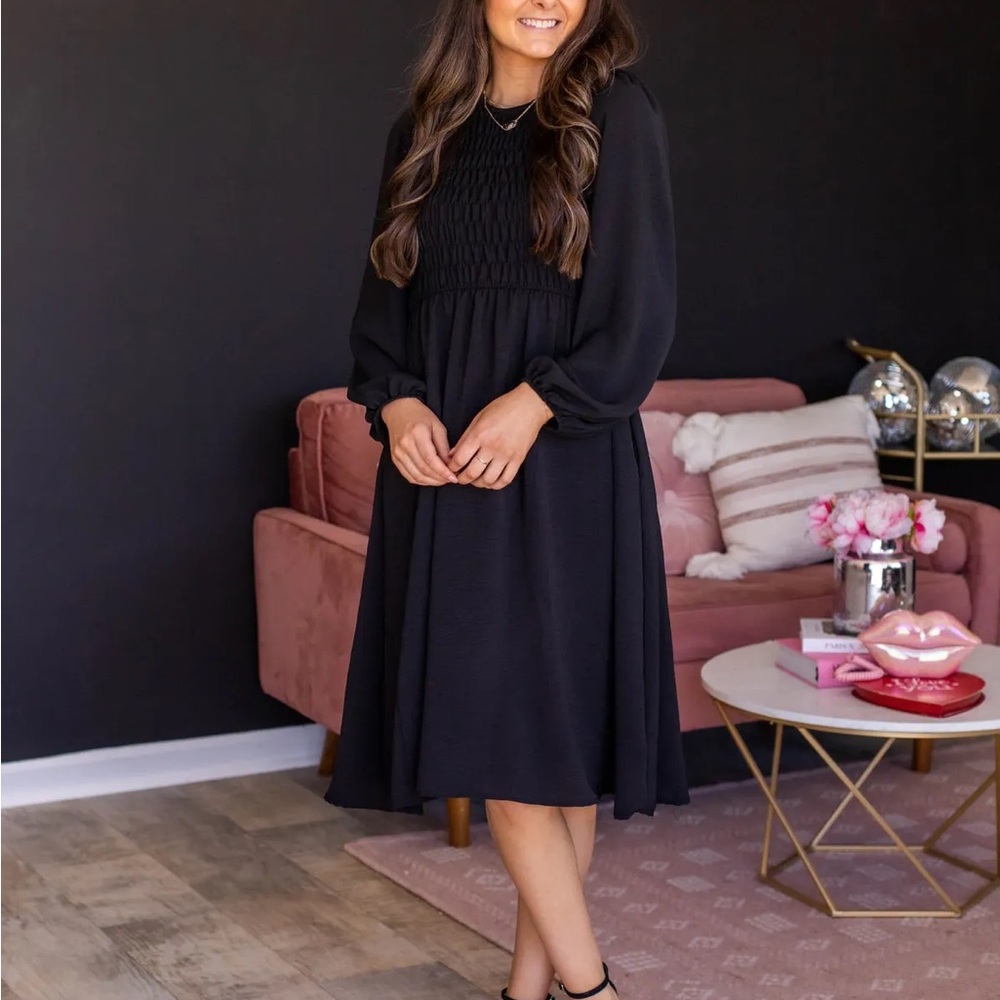 Boutique Smocked Long Sleeve Black Midi Dress